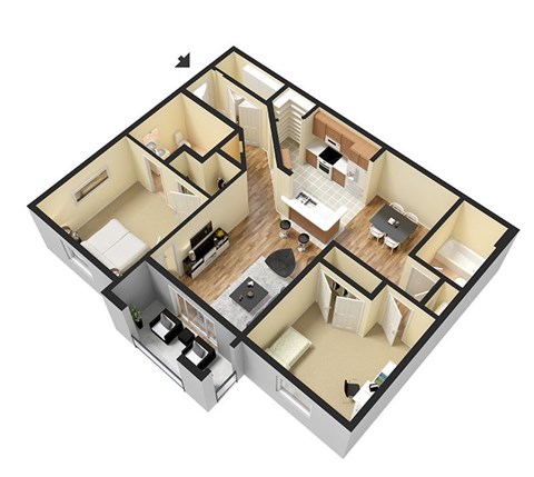 A 3D floor plan of a house with a kitchen, living room, and two bedrooms.